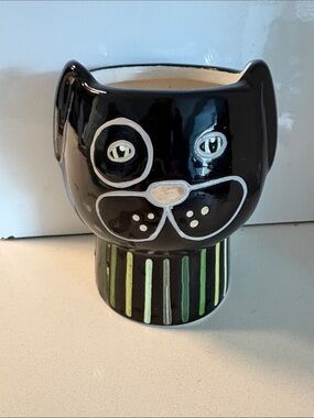 Black Whimsical Dog Ceramic Planter with Green Stripe Base